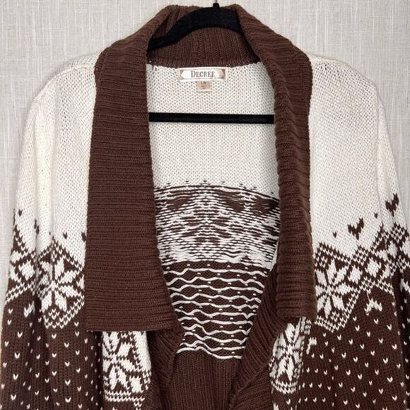Decree Nordic Style Cardigan Size Large Brown Sweater Open Front Shawl Collar - Picture 3 of 9